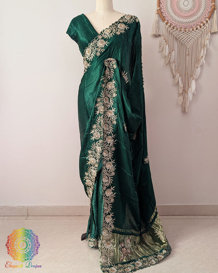 Emerald green Gaji silk dabka handwork saree drape view