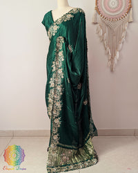 Emerald green Gaji silk dabka handwork saree palla view