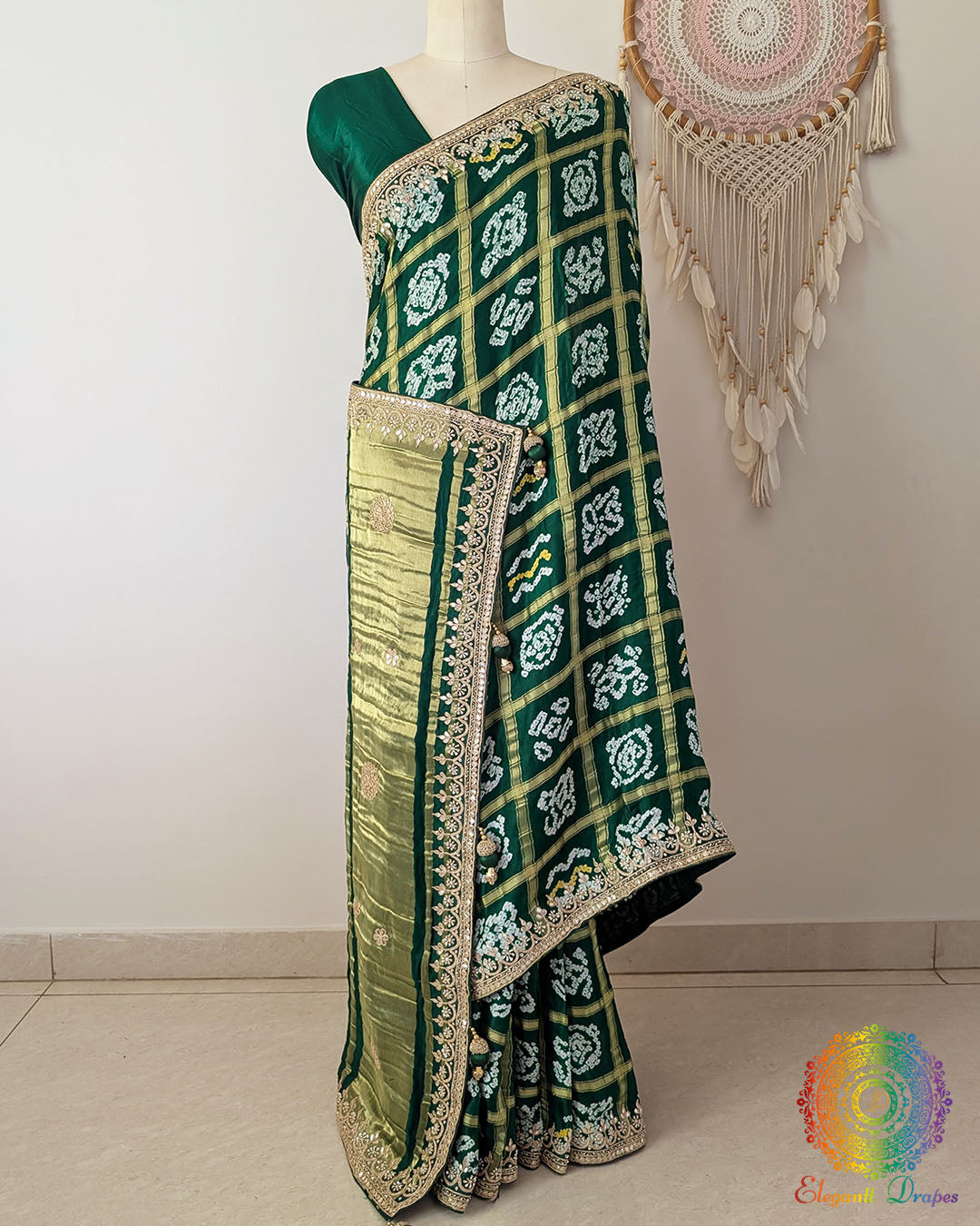 Side view of the Emerald Green Gaji Silk Gharchola Saree showcasing its graceful drape