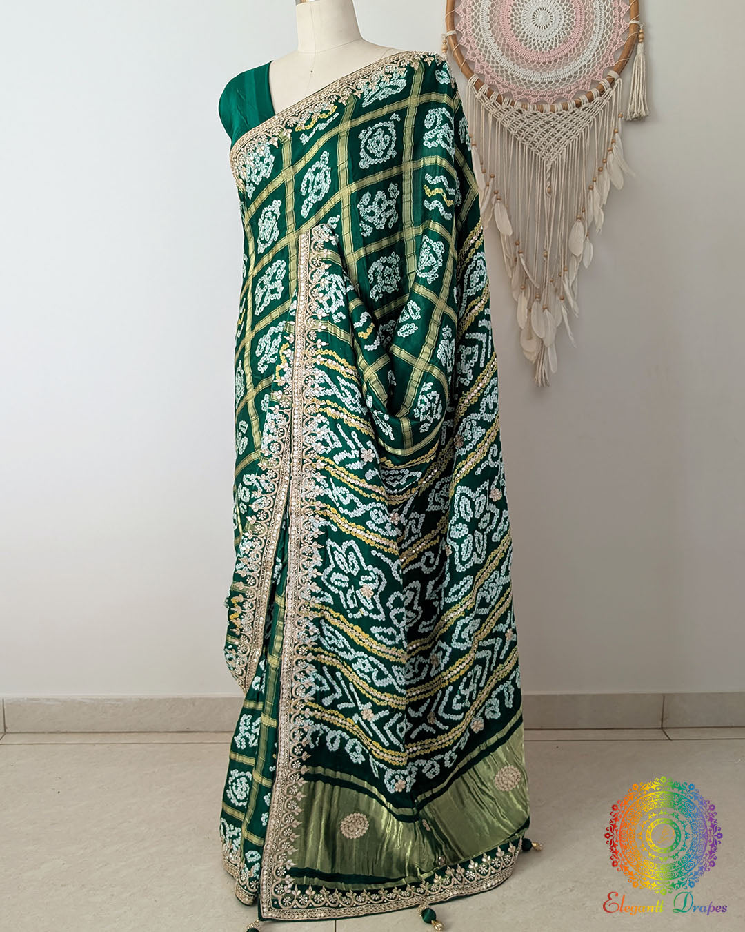 Emerald Green Gharchola Gaji Silk Saree with Bandhani motifs and Gota Patti pallu