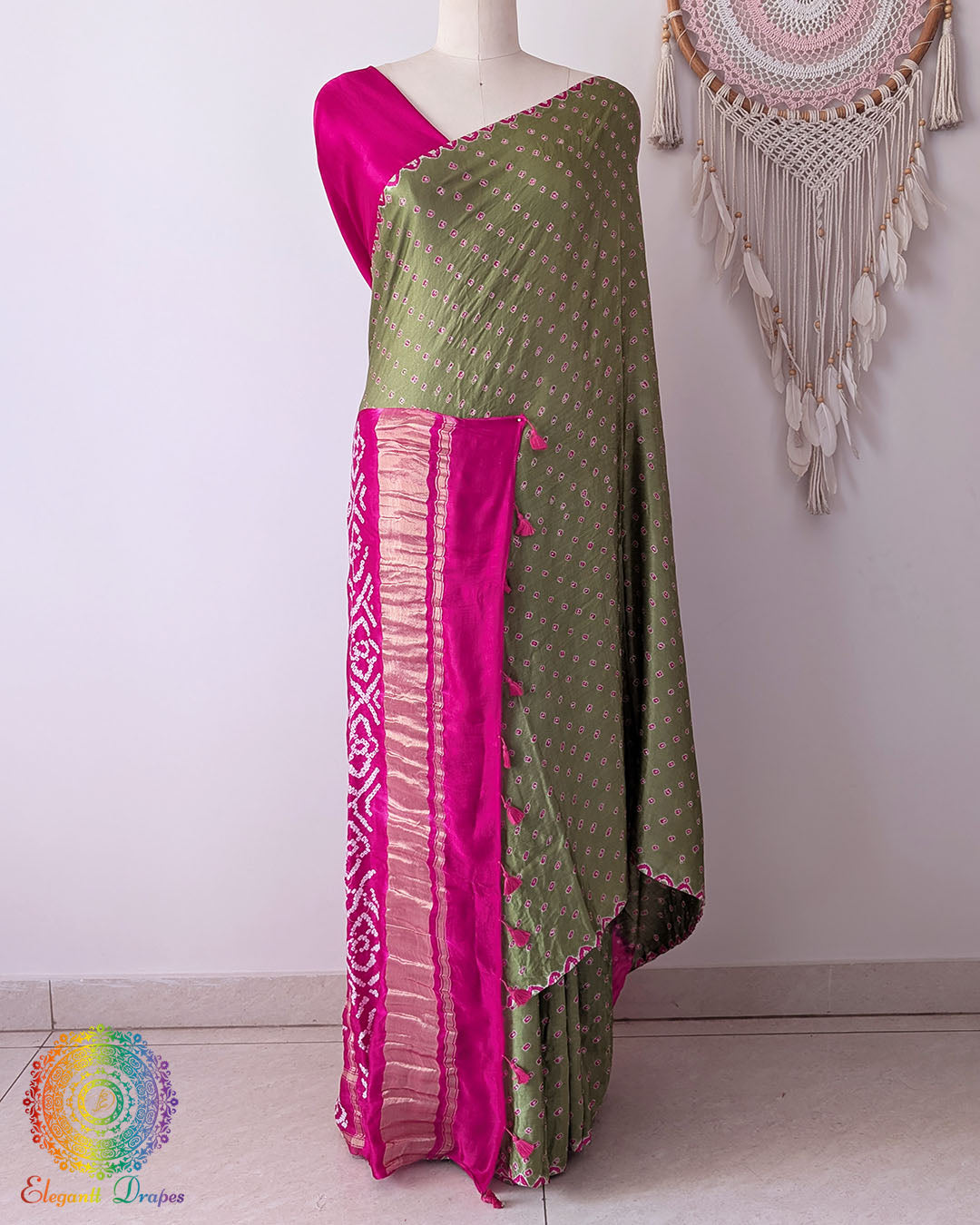 Sage Green Gajji Silk Bandhani Saree with Rani Pink Bandhani motifs