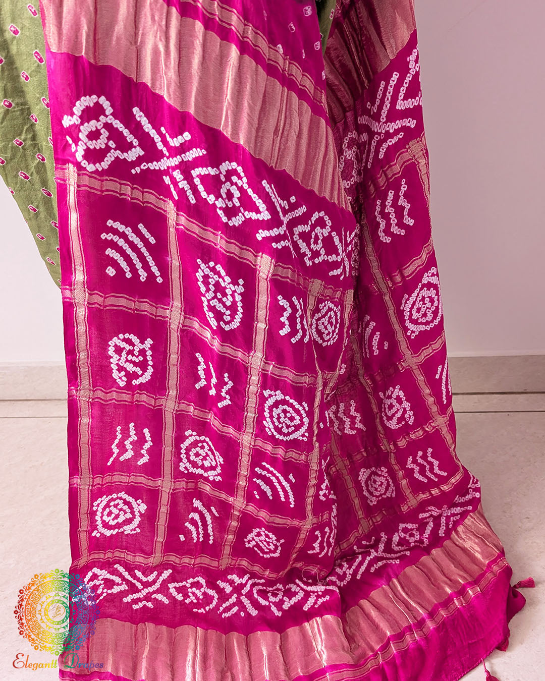 Full pallu view showcasing the traditional Rani Pink Gharchola pattern on the Sage Green Pure Gajji Silk Saree