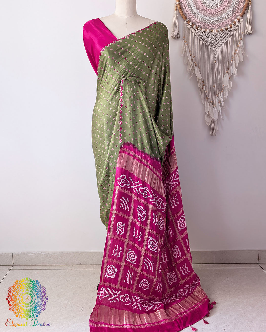 Sage Green Pure Gajji Silk Bandhani Saree with Gharchola Pallu front drape