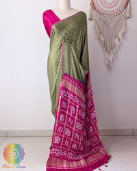 Sage Green Pure Gajji Silk Bandhani Saree with Gharchola Pallu front drape