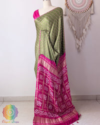 Side view of the Sage Green Pure Gajji Silk Bandhani Saree