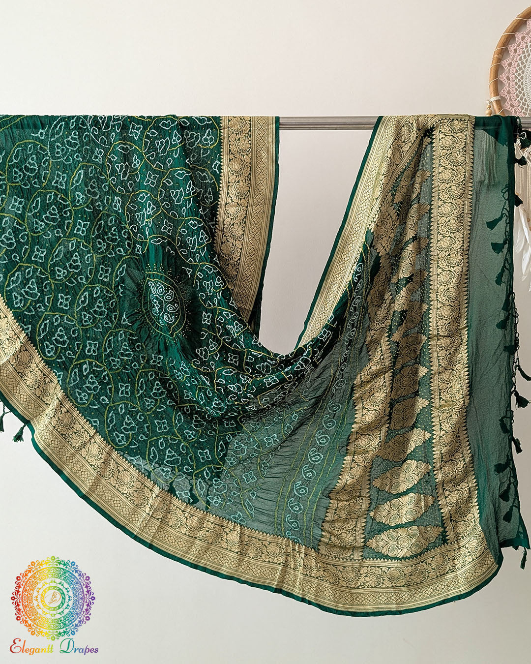 Green Banarasi Khaddi Georgette Rai Bandhej Dupatta full view