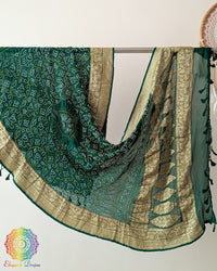 Green Banarasi Khaddi Georgette Rai Bandhej Dupatta full view