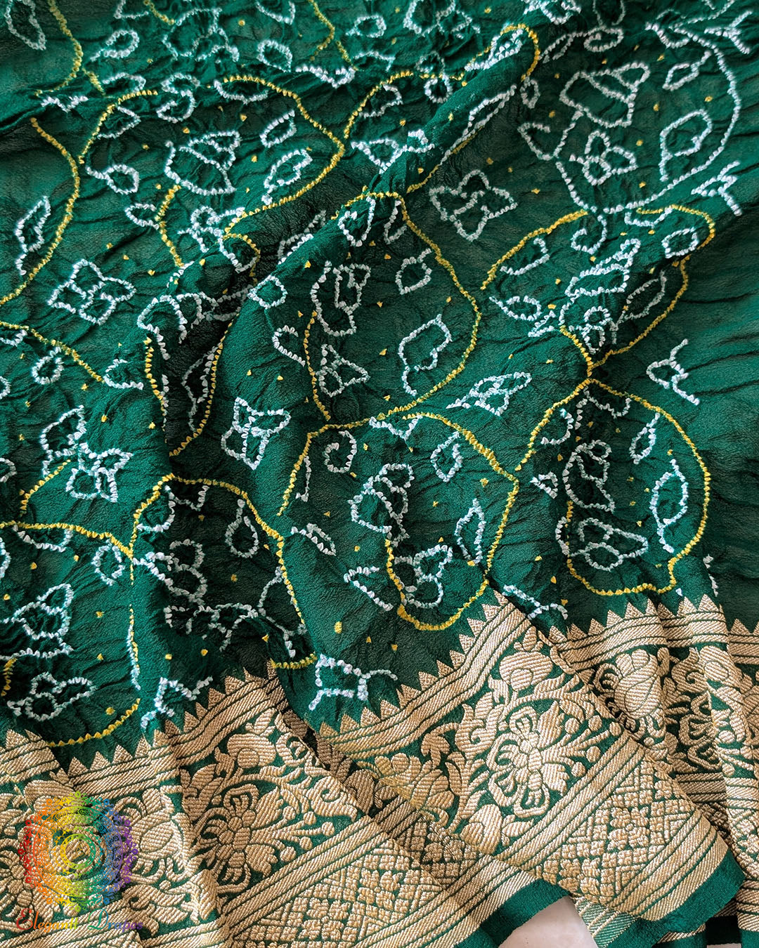 Close-up of Rai Bandhej detailing on Green Banarasi Khaddi Georgette Dupatta
