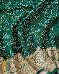 Close-up of Rai Bandhej detailing on Green Banarasi Khaddi Georgette Dupatta