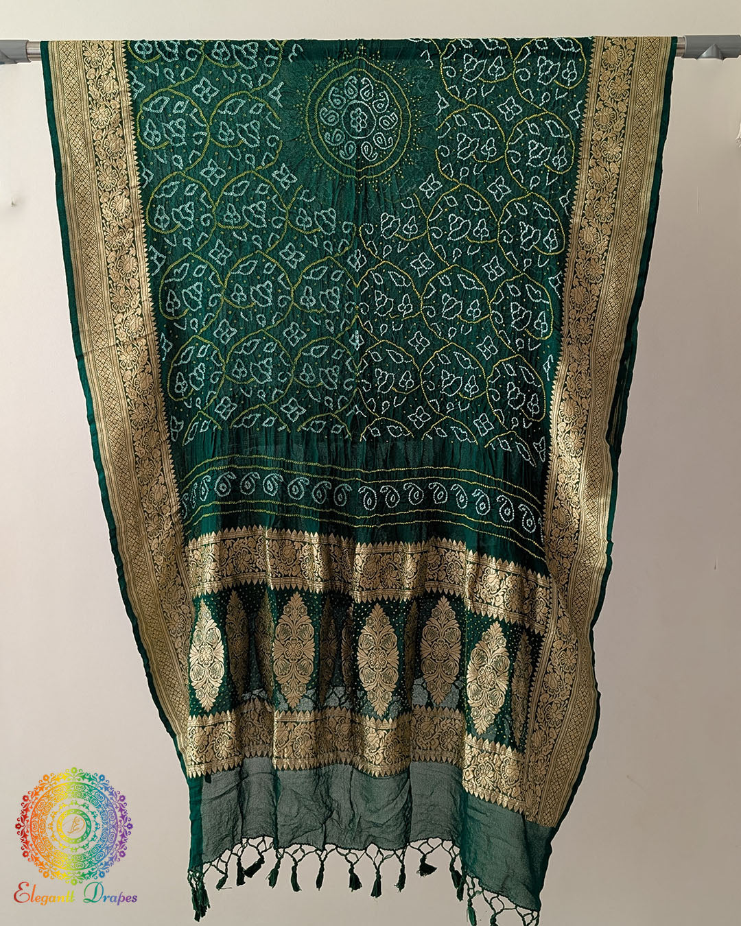 Green Rai Bandhej Dupatta with Banarasi Khaddi Georgette weave full view