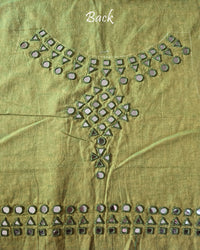 Back view of the Green Kala Cotton Kutch Mirror Handwork blouse piece, showcasing intricate traditional embroidery and real mirrors arranged in a detailed handcrafted design.