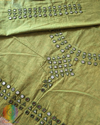 Green Kala Cotton Kutch Mirror Handwork blouse piece featuring traditional thread embroidery and real mirror embellishments for a customised ethnic blouse.