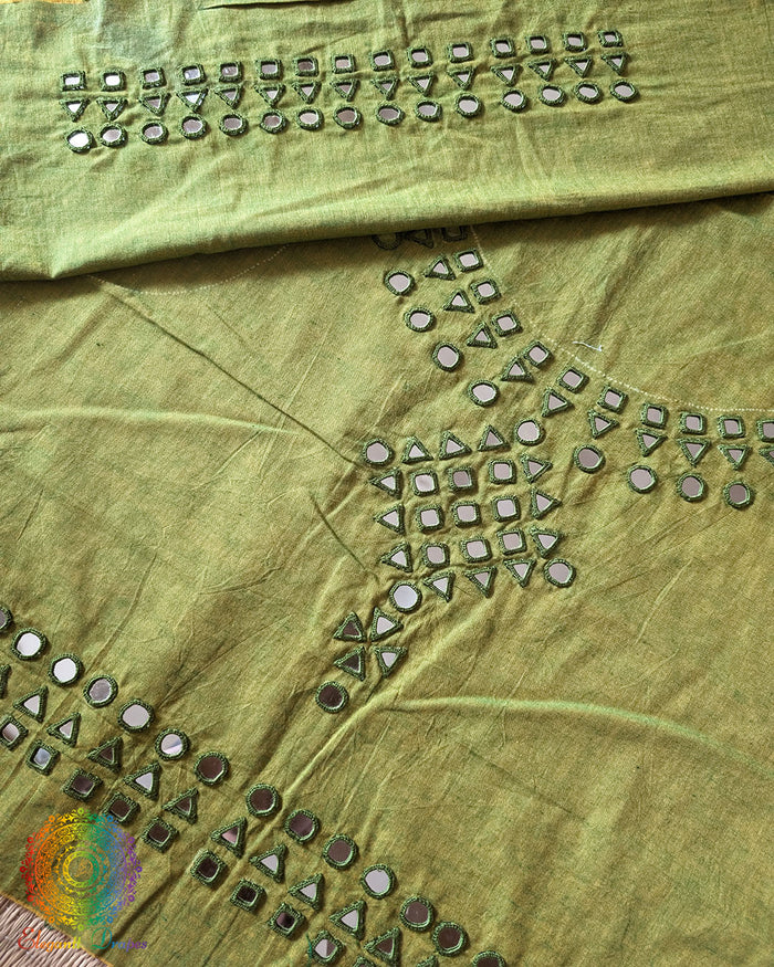 Green Kala Cotton Kutch Mirror Handwork blouse piece featuring traditional thread embroidery and real mirror embellishments for a customised ethnic blouse.