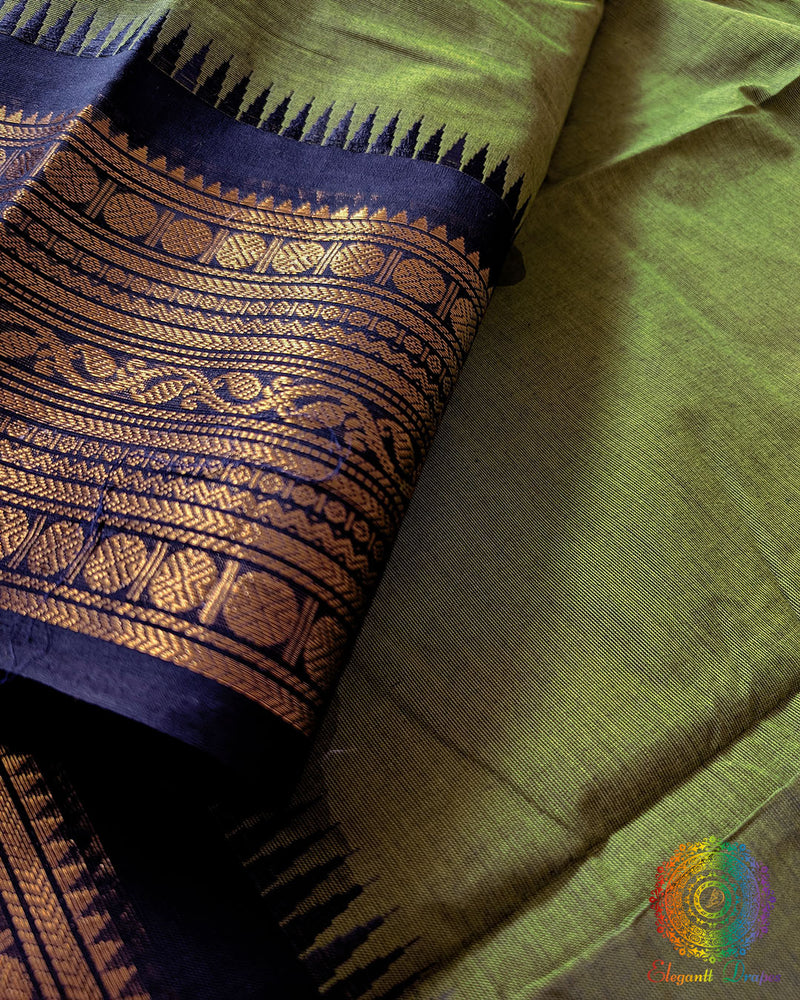Mehandi green Kanchi cotton saree border close up highlighting black woven detailing and texture