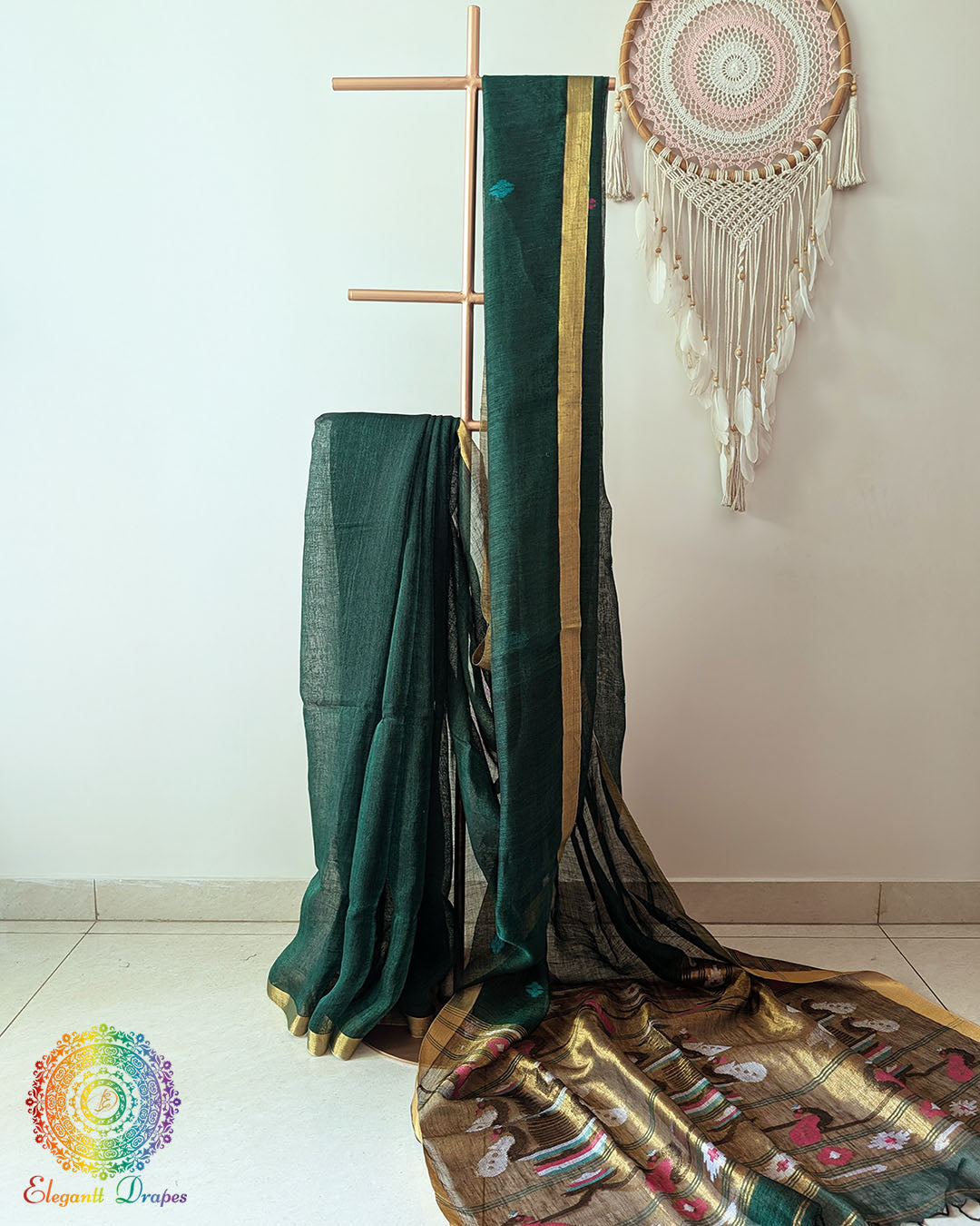 Green linen Paithani saree on mannequin showing complete drape and fall