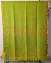 Full green linen saree laid open showing overall design and layout