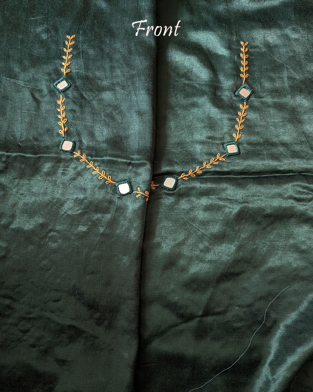 Neck work of Green Mashru Silk Blouse with Kutch Mirror and Thread Work
