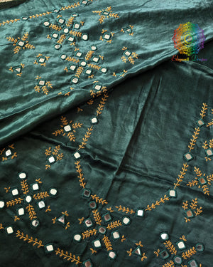 Green Mashru Silk Kutch Mirror Handwork Blouse Front View with Thread Embroidery