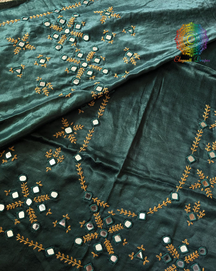 Green Mashru Silk Kutch Mirror Handwork Blouse Front View with Thread Embroidery