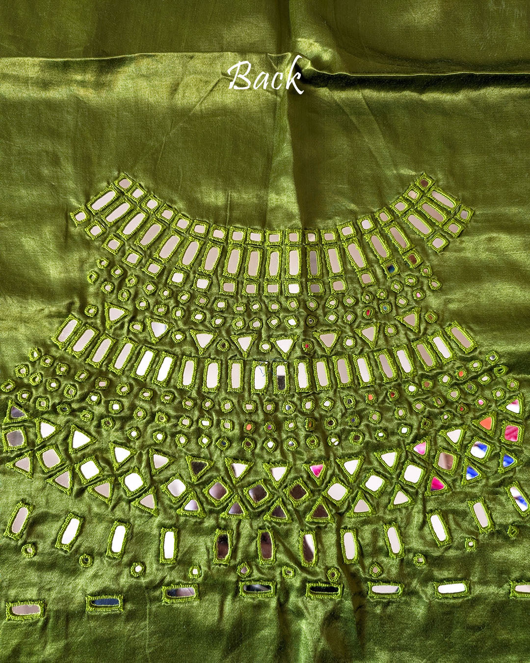 Close-up of Kutch mirror work on the back of Green Mashru Silk Blouse Piece