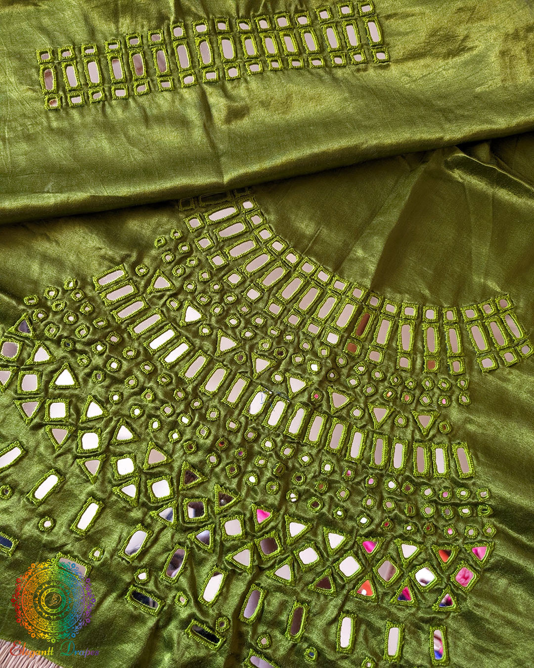 Green Mashru Silk Kutch Mirror Work Blouse Piece full view