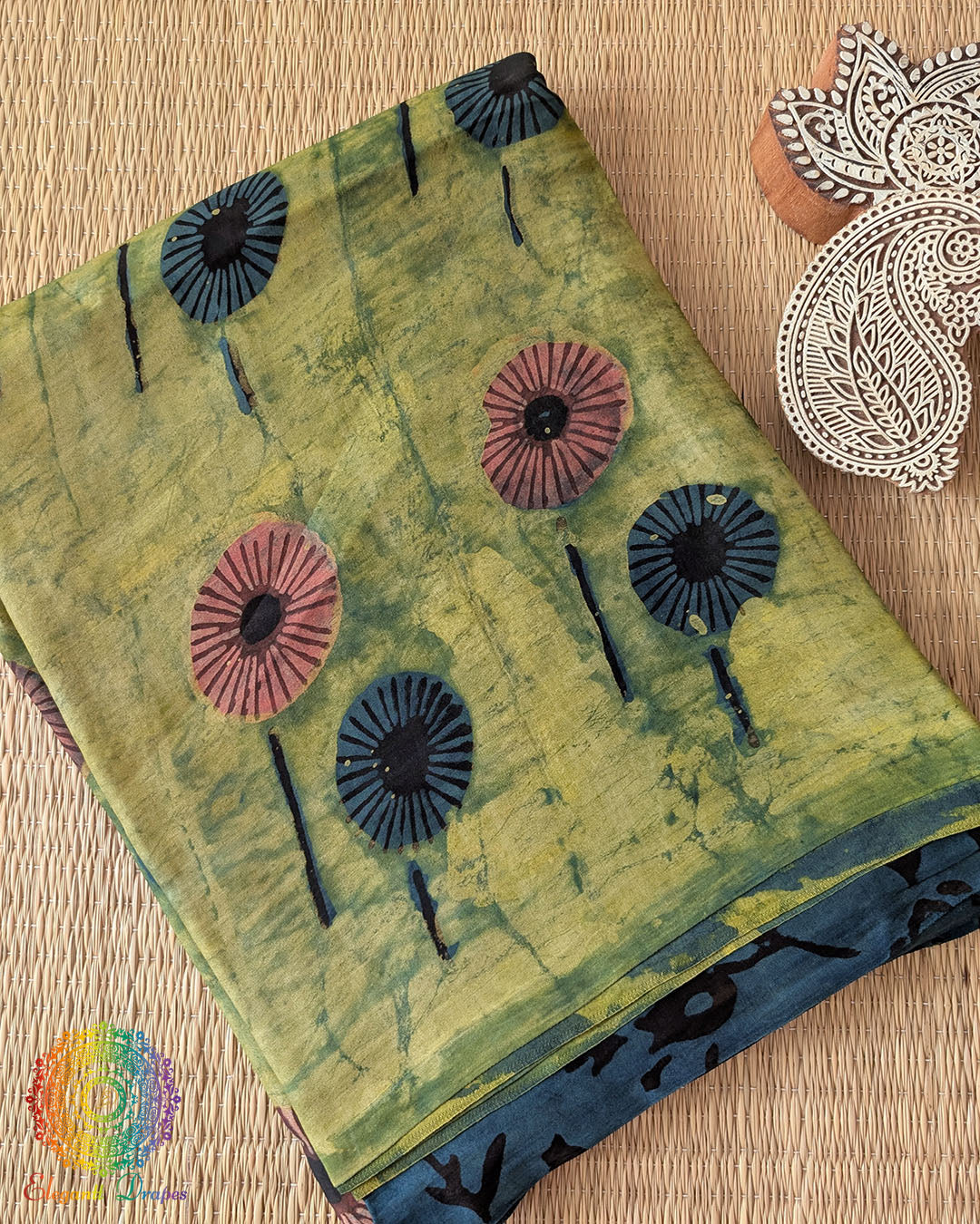 Green Nashpal Pomegranate Modal Tussar Saree folded view