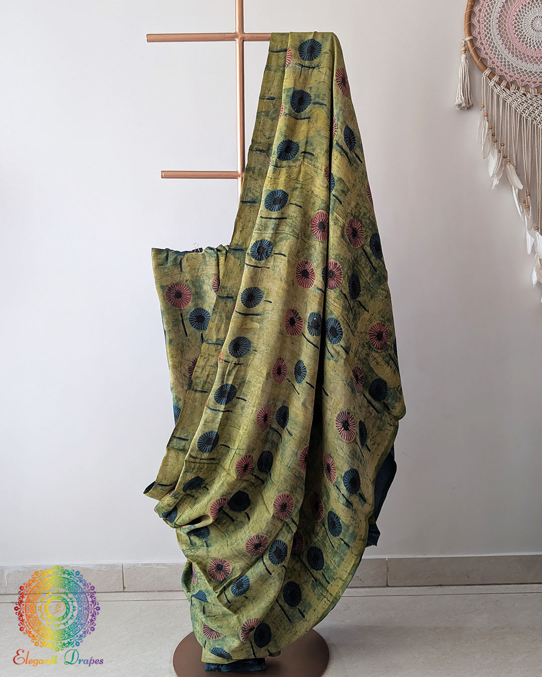 Green Modal Tussar Saree draped with Pomegranate Nashpal dye