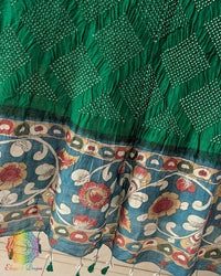 Close-up of the hand-painted Kalamkari floral border on the Green Muga Silk Dupatta