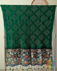 Green Muga Silk Dupatta with Bandhani body and hand-painted Kalamkari border