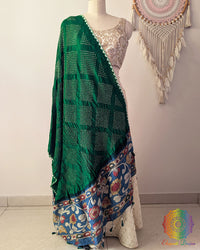 Green Bandhani Kalamkari Muga Silk Dupatta full draped view