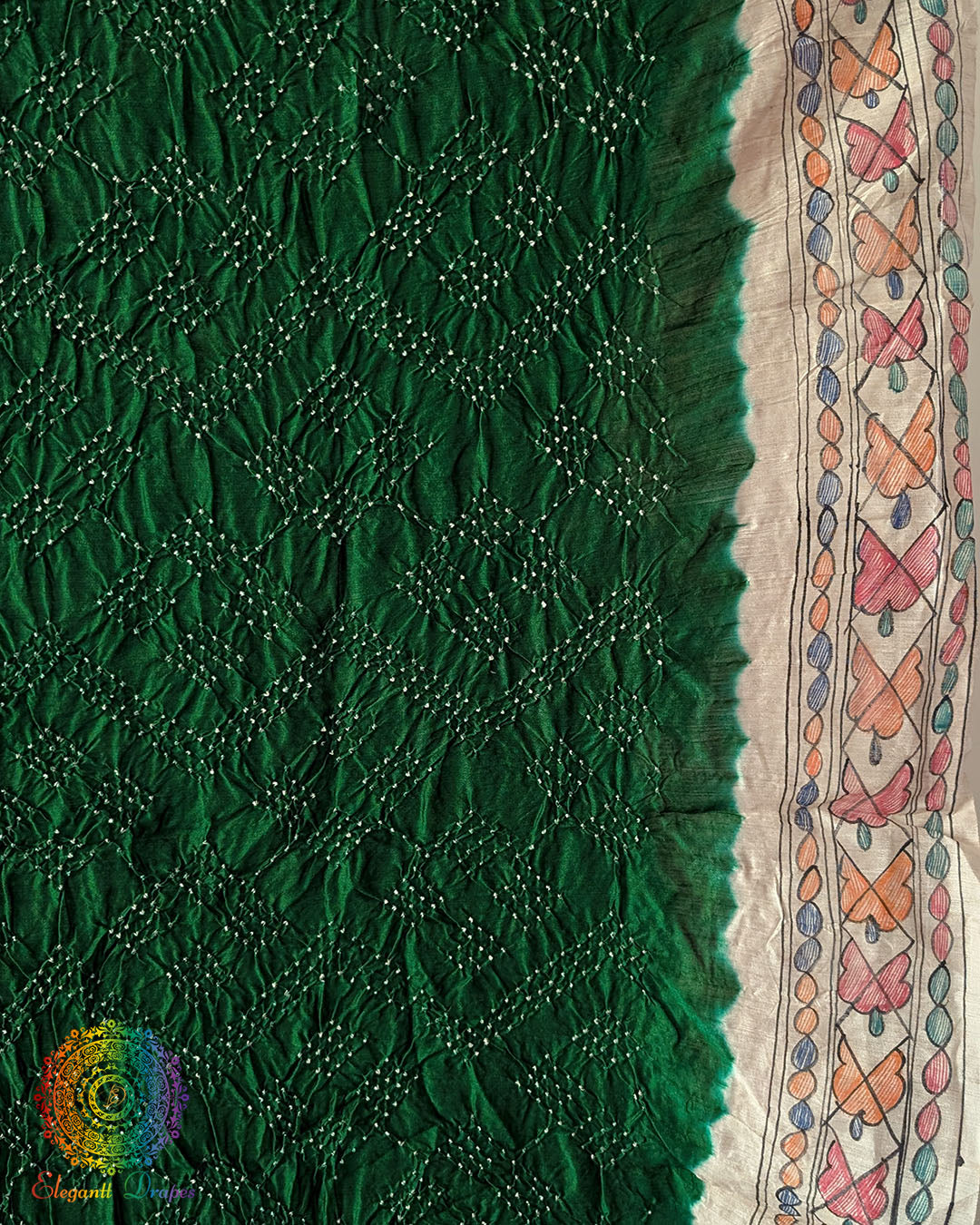 Detailed Bandhani pattern on the Green Muga Silk Dupatta