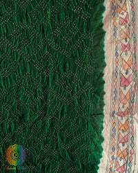 Detailed Bandhani pattern on the Green Muga Silk Dupatta