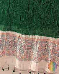 Close-up of the hand-painted Madhubani artwork on the Green Muga Silk Dupatta