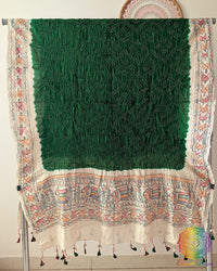 Green Muga Silk Dupatta with Bandhani body and hand-painted Madhubani border