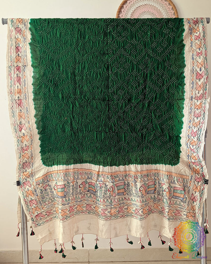 Green Muga Silk Dupatta with Bandhani body and hand-painted Madhubani border