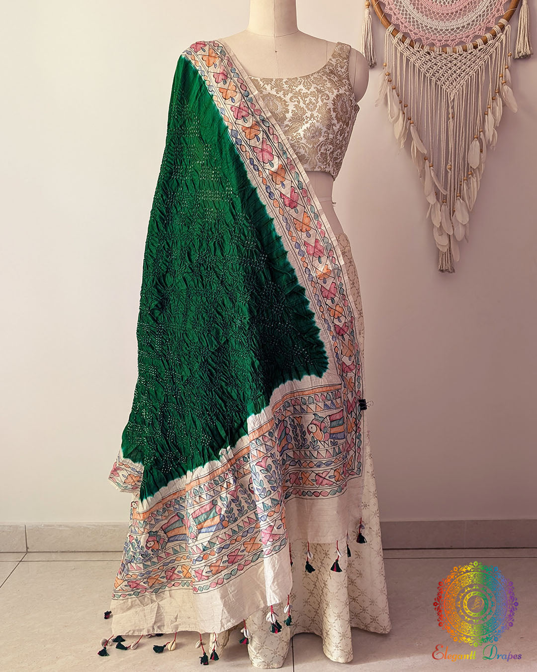 Green Bandhani Madhubani Muga Silk Dupatta full draped view