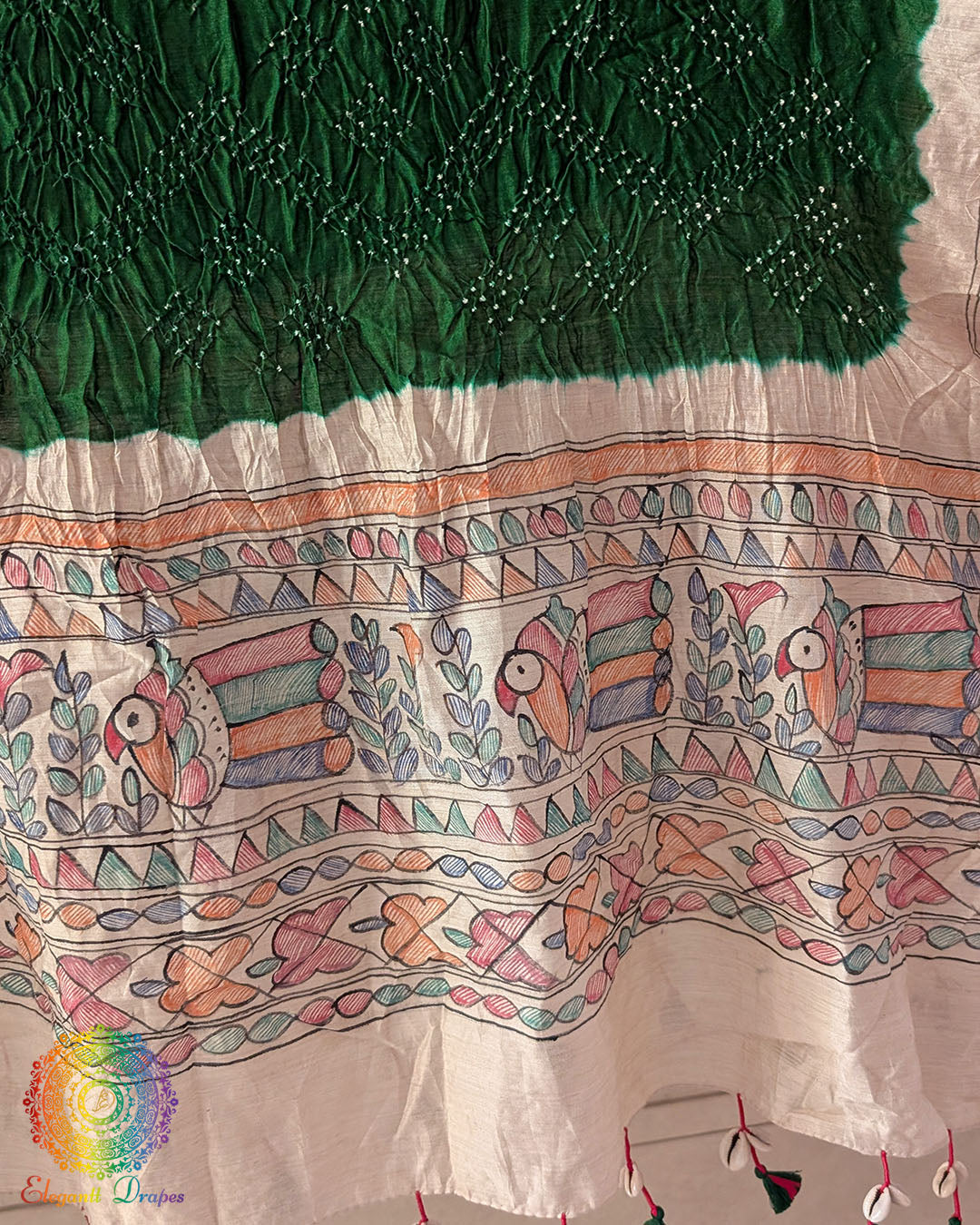 Green Bandhani Madhubani Muga Silk Dupatta for festive and traditional wear