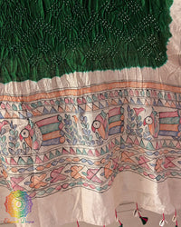 Green Bandhani Madhubani Muga Silk Dupatta for festive and traditional wear