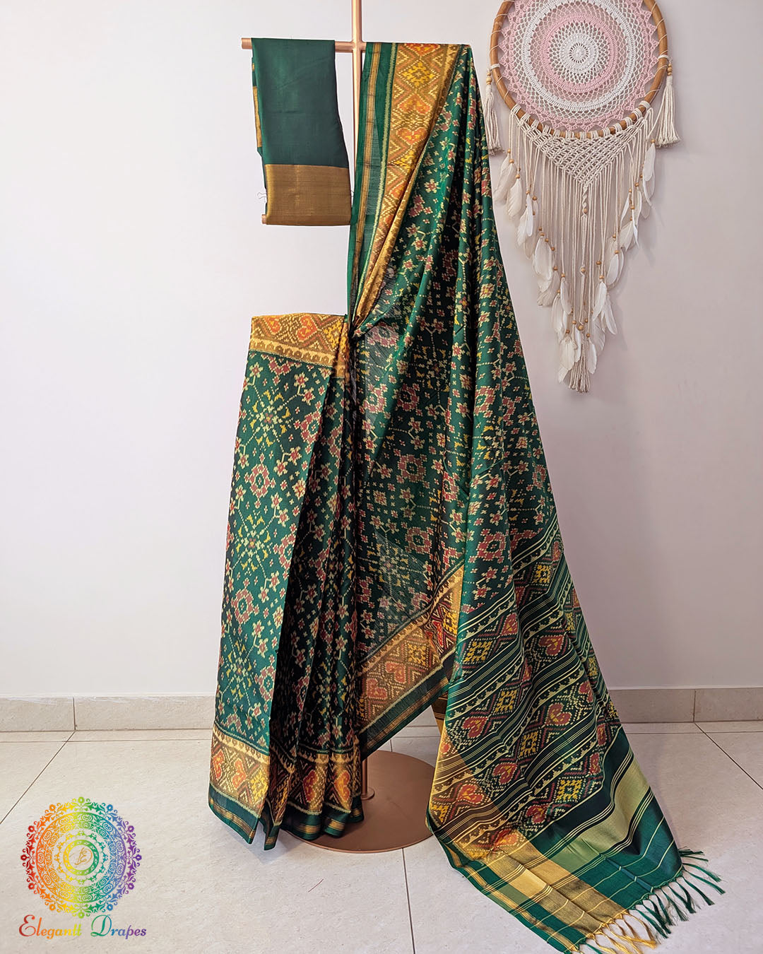 Green pure mulberry silk Rajkot Patola saree drape view