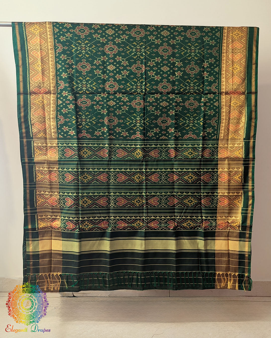 Green pure mulberry silk Rajkot Patola saree open view