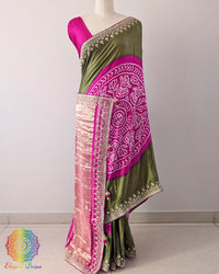 Green Pink Gaji Silk Rasmandaal Saree with the palla visible in a draped view, displaying the traditional Rasmandaal patterns and decorative Gota Patti handwork.