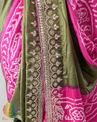 Close-up of the border of the Green Pink Gaji Silk Rasmandaal Saree, highlighting the intricate Gota Patti embellishments, traditional patterns and rich silk texture.