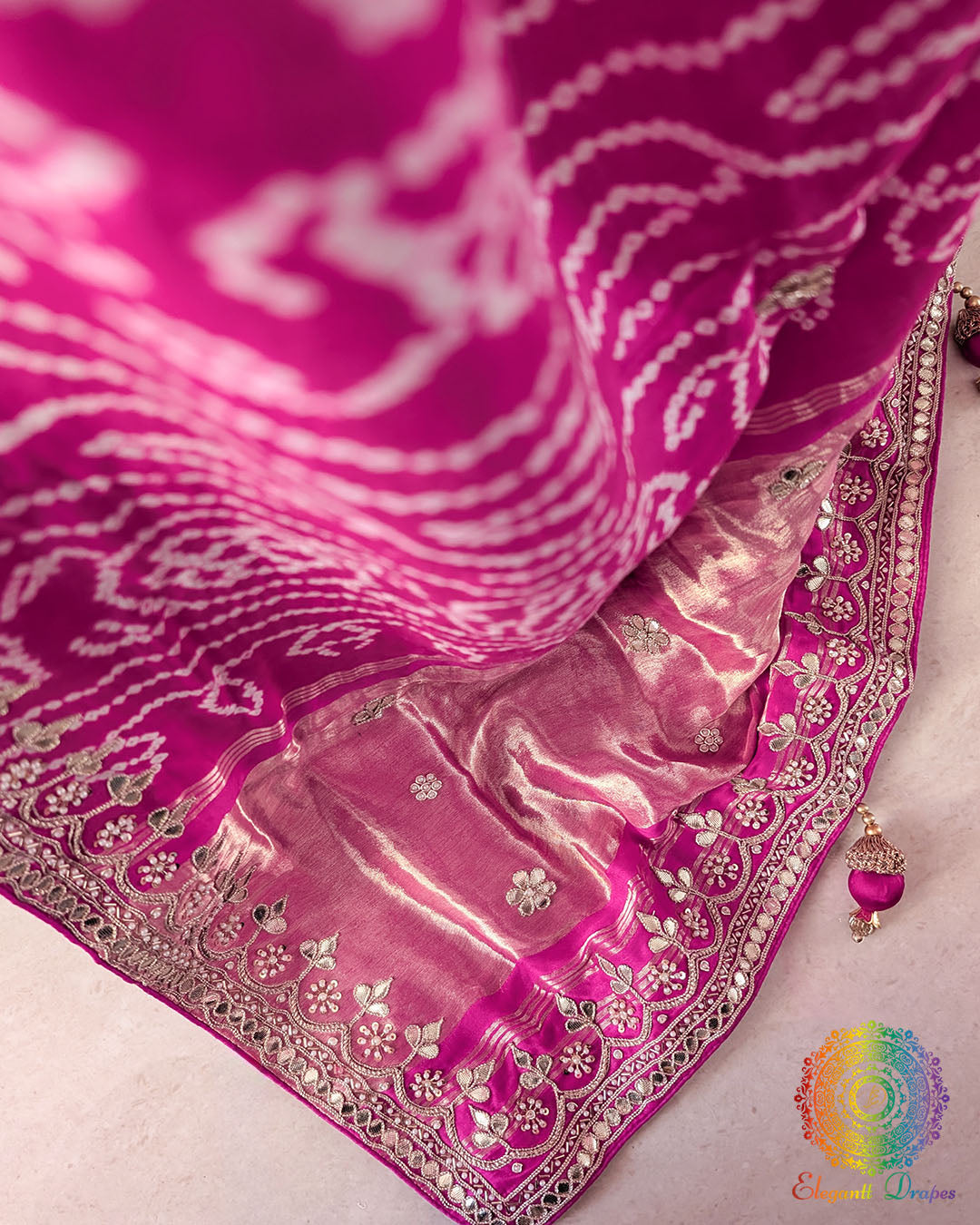 Close-up of the palla of the Green Pink Gaji Silk Rasmandaal Saree, highlighting the intricate Gota Patti embellishments, traditional patterns and rich silk texture.