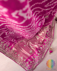 Close-up of the palla of the Green Pink Gaji Silk Rasmandaal Saree, highlighting the intricate Gota Patti embellishments, traditional patterns and rich silk texture.