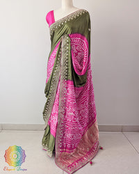 Green Pink Gaji Silk Rasmandaal Saree in a side drape view, highlighting the graceful fall of the silk fabric and the beautiful combination of green and pink shades.