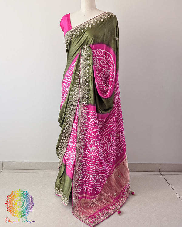 Green Pink Gaji Silk Rasmandaal Saree in a side drape view, highlighting the graceful fall of the silk fabric and the beautiful combination of green and pink shades.