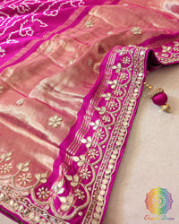 palla of the Green Pink Gaji Silk Rasmandaal Saree, highlighting the intricate Gota Patti embellishments, traditional patterns and rich silk texture.