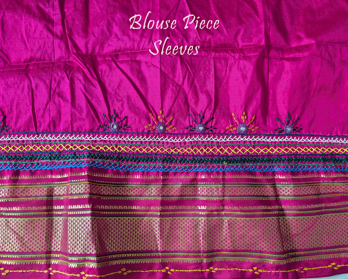 Blouse sleeve detail with Lambani embroidery on matching silk fabric