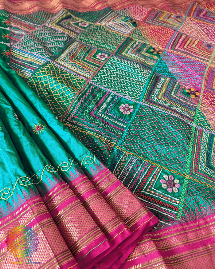 Emerald green pure Ilkal silk saree laid open showing pink palla and border