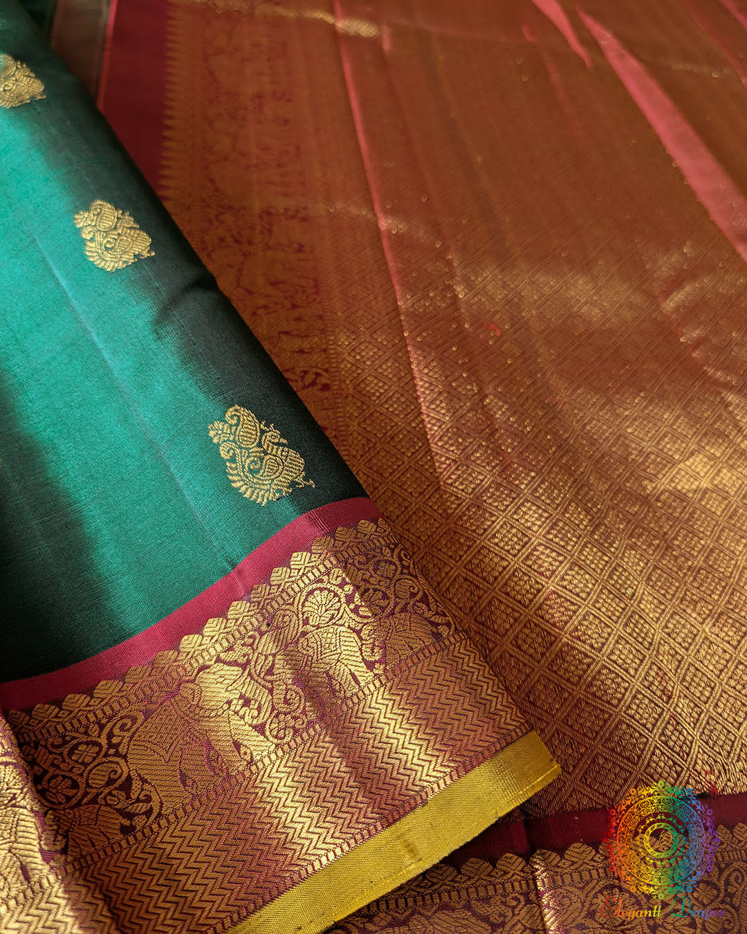 Green Kanjivaram Silk Saree with Red Palla